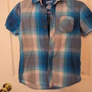 Arizona Jean Company Boy's Blue Plaid Short Sleeve Shirt, Size M, 10/12, EUC